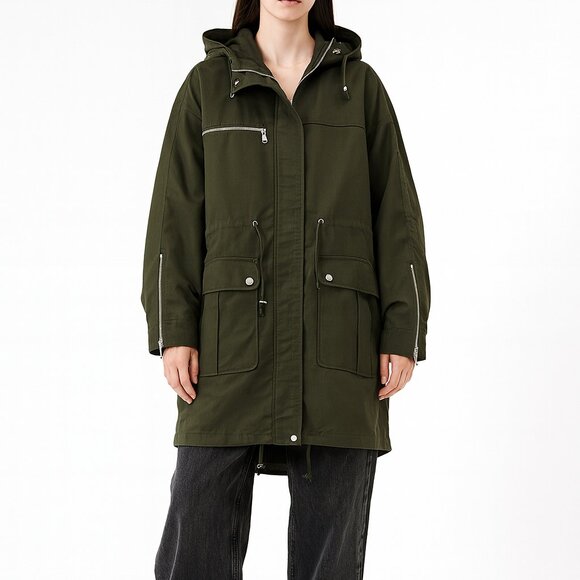 Whistles Olive Green Parka Coat M Hooded Utility Zip Pockets Minimalist Gorpcore - Picture 1 of 11